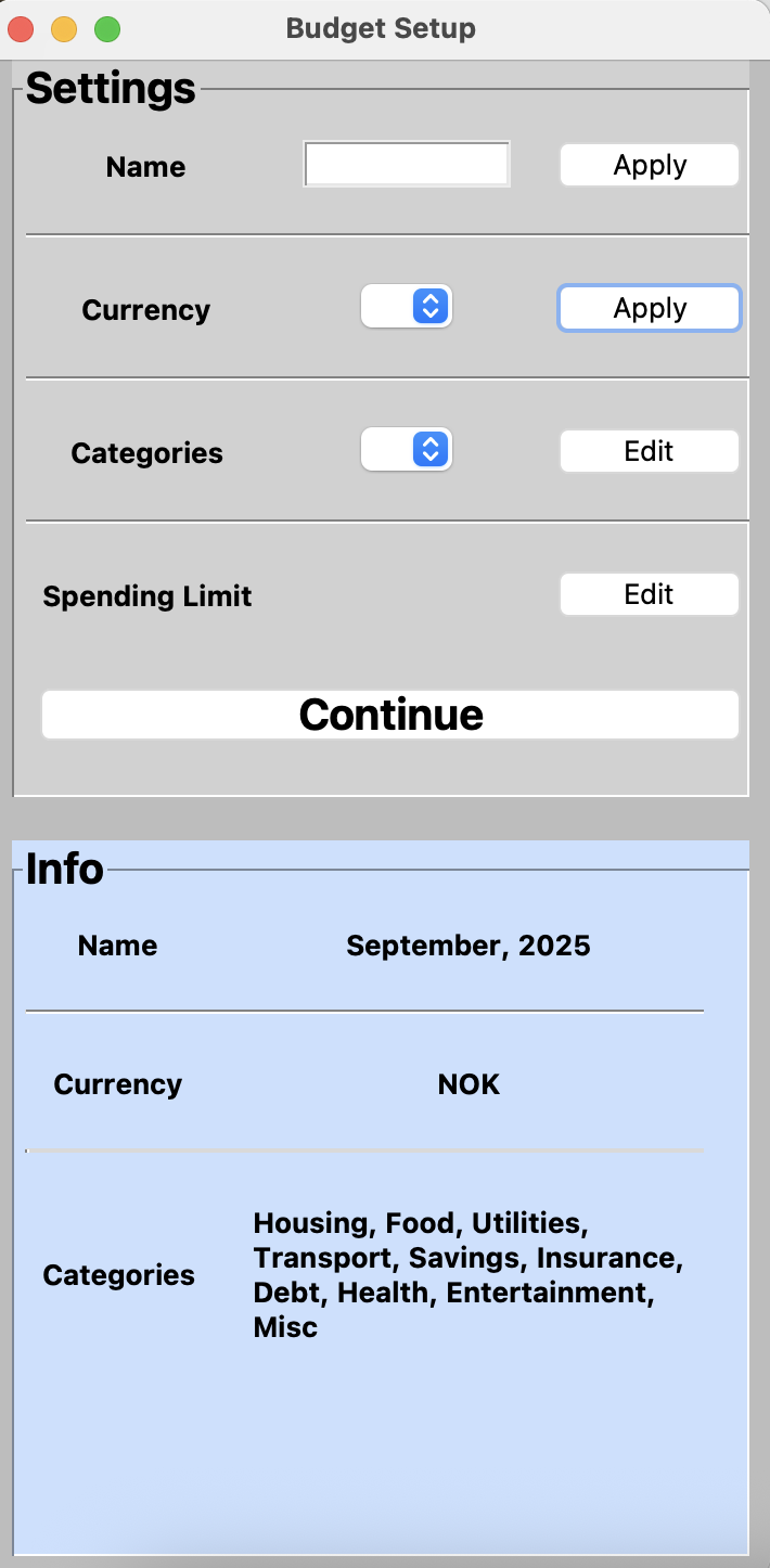Budget setup page